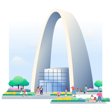 A modern building stands tall with a striking parabolic arch as its central feature. The arch is made of smooth, reflective glass, capturing the sunlight and creating a shimmering effect. The main structure of the building is composed of concrete and steel, showcasing clean lines and large windows. Surrounding the building, an open plaza features neatly arranged greenery and colorful flower beds. People are walking along pathways, some stopping to admire the architecture. In the background, a clear blue sky enhances the overall brightness of the scene.