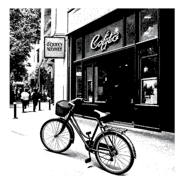 An old bicycle with a rusty frame and worn-out tires is parked against a metal railing. The bicycle has a leather saddle and a small wicker basket attached to the front. Beside it, a classic coffee shop has a vintage wooden sign above the entrance that reads "Coffee" in elegant script. The shop features large glass windows showcasing a warm interior filled with wooden furniture and patrons enjoying their drinks. The scene is set in a bustling city with people walking along the sidewalk and trees lining the street.