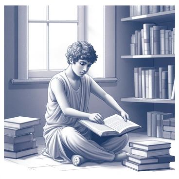 A young Seneca is sitting on the floor of his family's home, surrounded by stacks of ancient books. He has an expression of fascination on his face as he reaches out to touch a book with intricate designs on the cover. The room is filled with shelves lined with scrolls and other literary works, creating an intimate atmosphere. Sunlight filters through a window, illuminating the dust particles in the air. The young philosopher's hair is tousled, and he wears simple, flowing robes, embodying the essence of a curious mind exploring the world of knowledge for the first time.