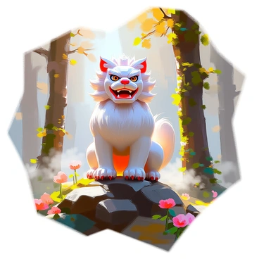 A lone foo dog, a mythical creature resembling a lion with a fierce expression, stands guard amidst a mystical forest. The foo dog is intricately detailed with ornate carvings on its back and a shimmering coat that reflects the soft light filtering through the treetops. The forest is dense with tall trees whose trunks are covered in moss, creating an ancient atmosphere. Wisps of mist curl around the base of the foo dog and weave through the underbrush, adding an air of mystery to the scene. The foliage is lush and green, with hints of vibrant flowers peeking through the leaves, enhancing the enchanting feel of the environment.