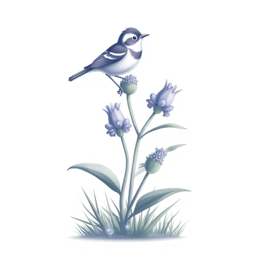 A bird with intricate feather patterns is perched on a stem of a bluebonnet flower. The bird is facing forward, showcasing its vivid plumage. The bluebonnet has elongated, green leaves and clusters of small, tubular blooms, adding to the natural setting. Surrounding the flower and bird are blades of grass and a few scattered garden elements, creating a vibrant yet tranquil composition. The setting suggests a peaceful environment, emphasizing the connection between the bird and the floral backdrop.