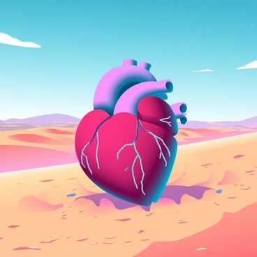 A realistic 3D human heart, detailed with anatomical features such as veins and arteries, is partially buried in golden desert sand. The heart's texture is glistening slightly under the sunlight. Surrounding the heart, the soft grains of sand are gently cascading as if recently disturbed. Above, a vast sky stretches endlessly, painted in shades of blue with a few wispy clouds drifting by. The desert landscape is arid, with distant dunes rolling across the horizon, enhancing the sense of isolation around the heart.