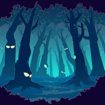 A dense forest with twisted trees and glowing eyes peering out from the shadows