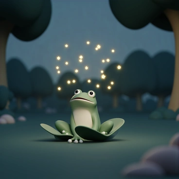 A green frog, with smooth skin and large round eyes, is sitting on a leaf in a small, lush clearing. The setting is dusk, with fading daylight casting a soft glow on the surroundings. Around the frog, numerous glowing fireflies are dancing in the air, their tiny lights creating a magical atmosphere. The frog is gazing up at the fireflies, with its mouth slightly open, as if in awe of their movements. The scene is framed by darkening trees in the background, adding to the enchanting ambiance.