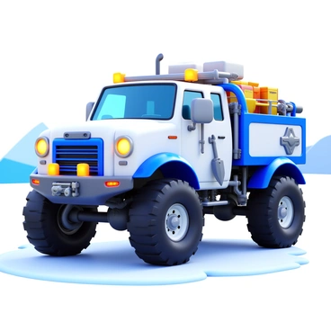 A large expedition truck designed for icy polar terrains. The truck has oversized, rugged tires suited for snow and ice. Its exterior is painted in a bright white color with blue accents to stand out against the wintry landscape. The vehicle features reinforced metal plating and a raised chassis to navigate through snowdrifts. There are several mounted tools and equipment on the sides of the truck, including a shovel and ice picks. Bright LED lights are positioned on the front bumper for visibility in harsh weather conditions. A sturdy roof rack is loaded with supplies and gear for an extended polar expedition. The background includes a vast, white icy landscape with snow-covered mountains in the distance.