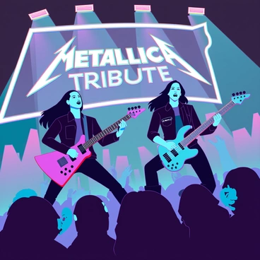 A large crowd of enthusiastic fans with various hairstyles and clothing styles, including band t-shirts and denim jackets, is energetically rocking out at a concert. They have their hands raised, some holding beers, as they enjoy the performance. On stage, a tribute band resembling Metallica is playing. The lead singer has long hair and a black leather jacket, while the guitarist is performing an impressive solo with a bright, shiny electric guitar. Colorful stage lights illuminate the scene, casting dynamic shadows and highlighting the faces of the excited audience. A large banner with the words "Metallica Tribute" hangs in the background above the stage.