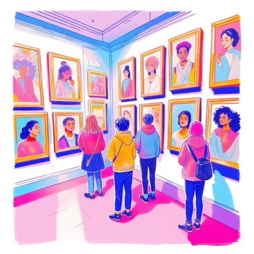 An art gallery displays walls filled with diverse portraits. Each portrait features individuals representing different genders. The portraits vary in style and expression, showcasing a range of emotions and identities. The gallery has wooden frames that accentuate each artwork. The floor is polished, and the lighting highlights the colors and details in each piece. Visitors can be seen admiring the portraits, deep in thought as they engage with the artwork.