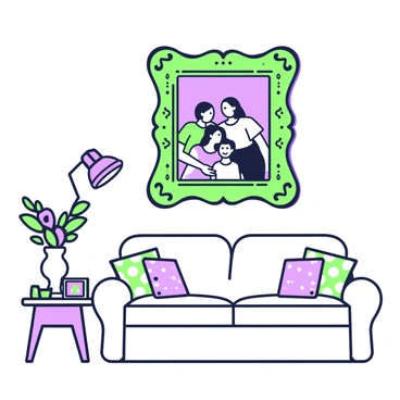 A cozy living room features a wall adorned with a large family portrait enclosed in an ornate wooden frame. The frame has intricate carvings along the edges, emphasizing the portrait's significance. The family members depicted in the portrait are engaging with one another, smiling, and dressed in casual clothing. Below the portrait, a small side table holds a vase filled with fresh flowers and a few framed photographs. Soft lighting from a nearby lamp highlights the portrait, casting gentle shadows on the wall. A comfortable sofa with patterned cushions is positioned in front of the wall, creating an inviting atmosphere.