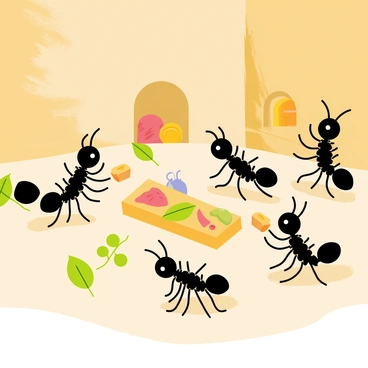 An ant family gathered in their cozy underground home, surrounded by earthy walls and soft soil. The scene features several ants working together to prepare a feast. One ant is carrying a small crumb of bread, while another is holding a tiny piece of fruit. A third ant is arranging leaves and seeds on a flat stone serving area. In the background, there are small chambers lined with food reserves. The atmosphere is bustling with activity as the ant family enjoys their communal meal preparation.