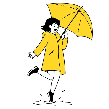 A girl wearing a bright yellow raincoat, with the hood up, is joyfully jumping into a puddle. She is holding a matching yellow umbrella, slightly tilted to protect herself from the falling raindrops. Her hair is damp and framing her face as she lifts one foot high, splashing water around her. The scene conveys the excitement of playing in the rain, with droplets visibly falling and creating ripples in the puddle beneath her feet.