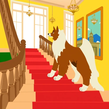 A graceful borzoi with long, flowing fur descends a grand staircase inside a lavish mansion. The staircase features intricate wooden balusters and a plush red carpet running down its center. The borzoi's posture is poised, with its head held high, showcasing its slender neck and elegant form. Sunlight filters through large ornate windows, casting soft shadows on the staircase, while opulent chandeliers hang from the ceiling above. Richly decorated walls adorned with classic paintings complement the luxurious atmosphere of the setting.