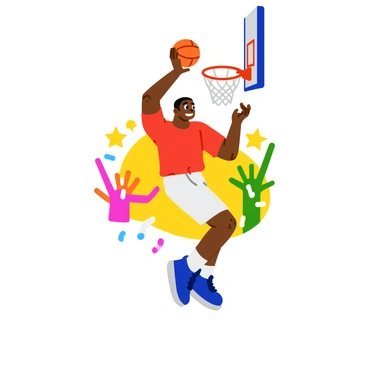 A basketball player in mid-air performing an impressive slam dunk. The player is wearing a bright red jersey and white shorts, with a determined expression on his face. He is grasping a shiny orange basketball in one hand. The background features a cheering crowd in vibrant colors, with their arms raised in excitement. The player is positioned near the basketball hoop, with the rim just above him, and the net slightly swaying from the force of his jump.