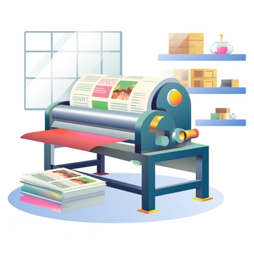 A vintage printing press is situated in the center of the image, showcasing its intricate machinery with shiny metal components and worn wooden elements. The press is actively producing newspapers, with sheets of paper emerging from the machine, slightly curled at the edges. In the foreground, there are several neatly stacked newspapers, showcasing headlines and images that hint at a bustling news day. The background features additional shelves filled with wooden boxes of printing type and ink pots, creating a sense of a busy workshop atmosphere. Light filters through a nearby window, illuminating dust particles in the air and enhancing the historical setting.
