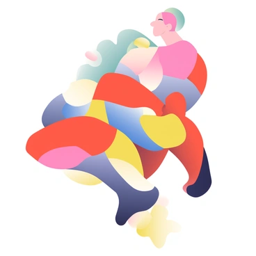A series of interlocking abstract shapes in vibrant colors are arranged to represent human muscles. The shapes vary in size and are predominantly in shades of red, blue, and yellow, creating a dynamic visual flow. The larger shapes are elongated and curved, mimicking the contours of muscles, while smaller shapes punctuate the composition with bursts of color. The background is a soft gradient that transitions from light to dark, enhancing the depth of the muscle representation. The overall arrangement suggests an intricate dance of strength and movement.