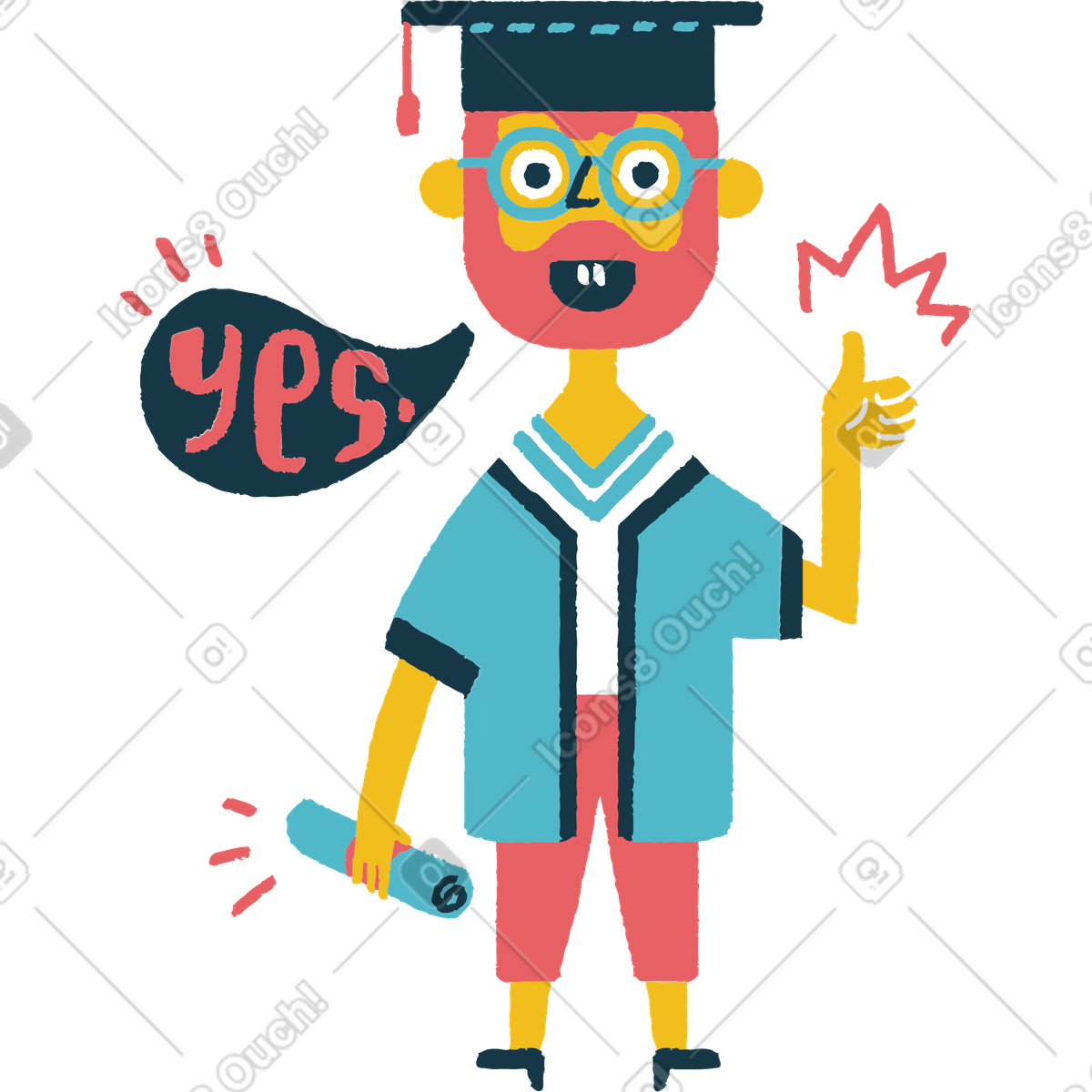 Ilustración Feliz graduado con diploma diciendo sí en estilo Flamenco a descargar en PNG y SVG