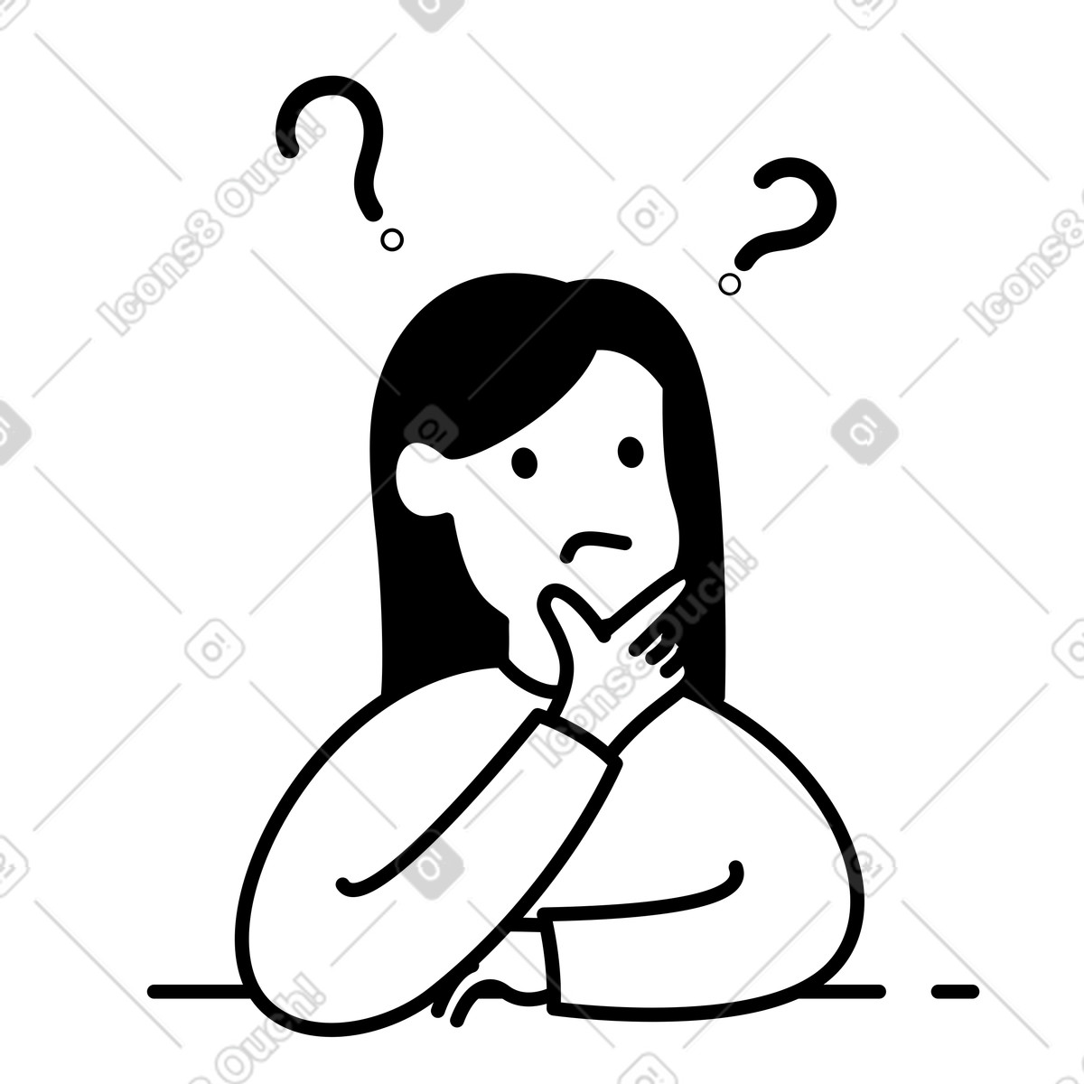 Confusion character thinking at desk with question marks above head-Illustration im Notion Line Art-Stil als Download in PNG, SVG