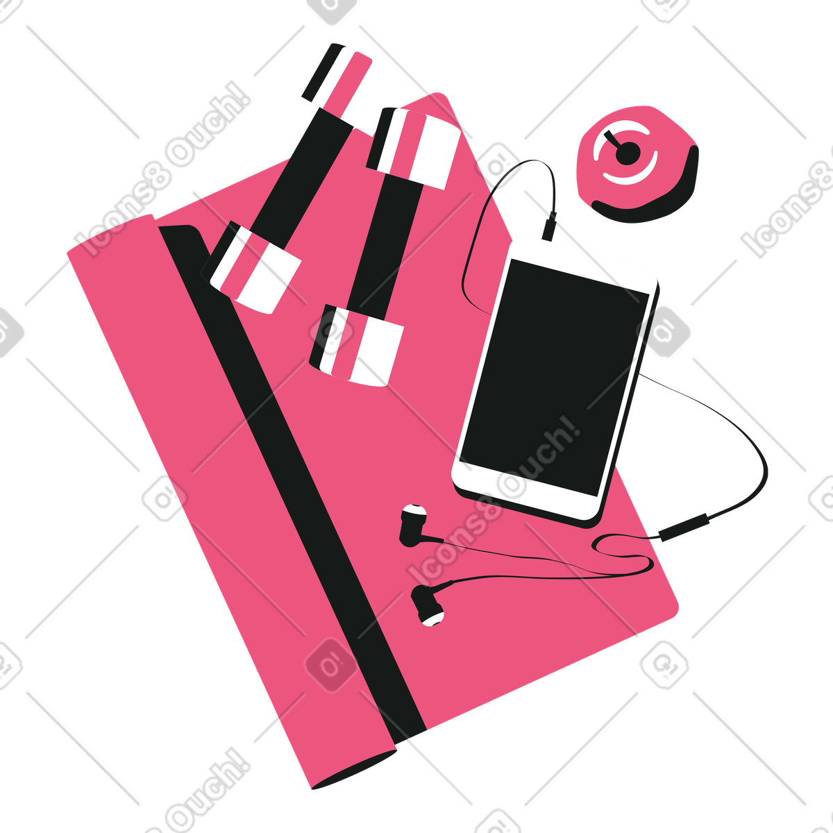 Illustration Tapis de yoga, haltères, tablette et pomme dans le style Lounge à télécharger aux formats PNG, SVG