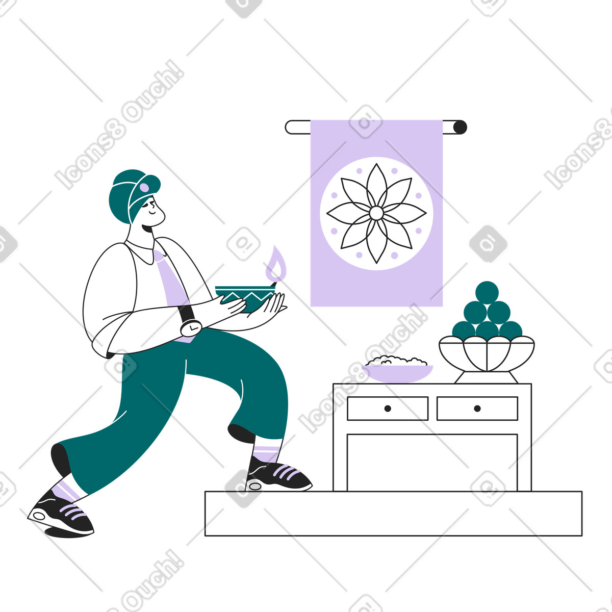 Mann bringt essen bei rangoli-ornament-Illustration im Sammy Line-Stil als Download in PNG, SVG