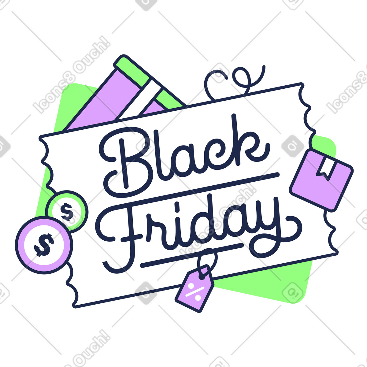 Black Friday lettering with boxes and coins, Holiday sale promotion illustration in Outline style download in PNG, SVG