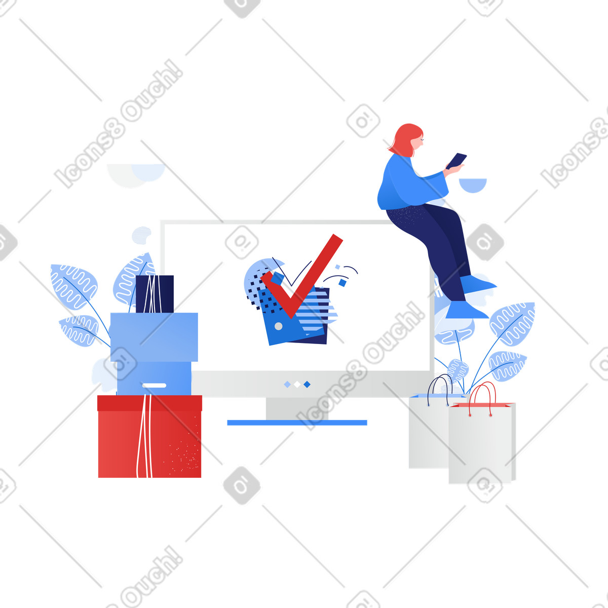 Online buying confirmation, E-commerce and digital purchases illustration in Clip style download in PNG, SVG