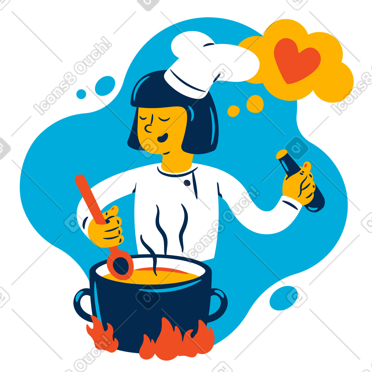 Female chef cooking with love illustration in Flame style download in PNG, SVG