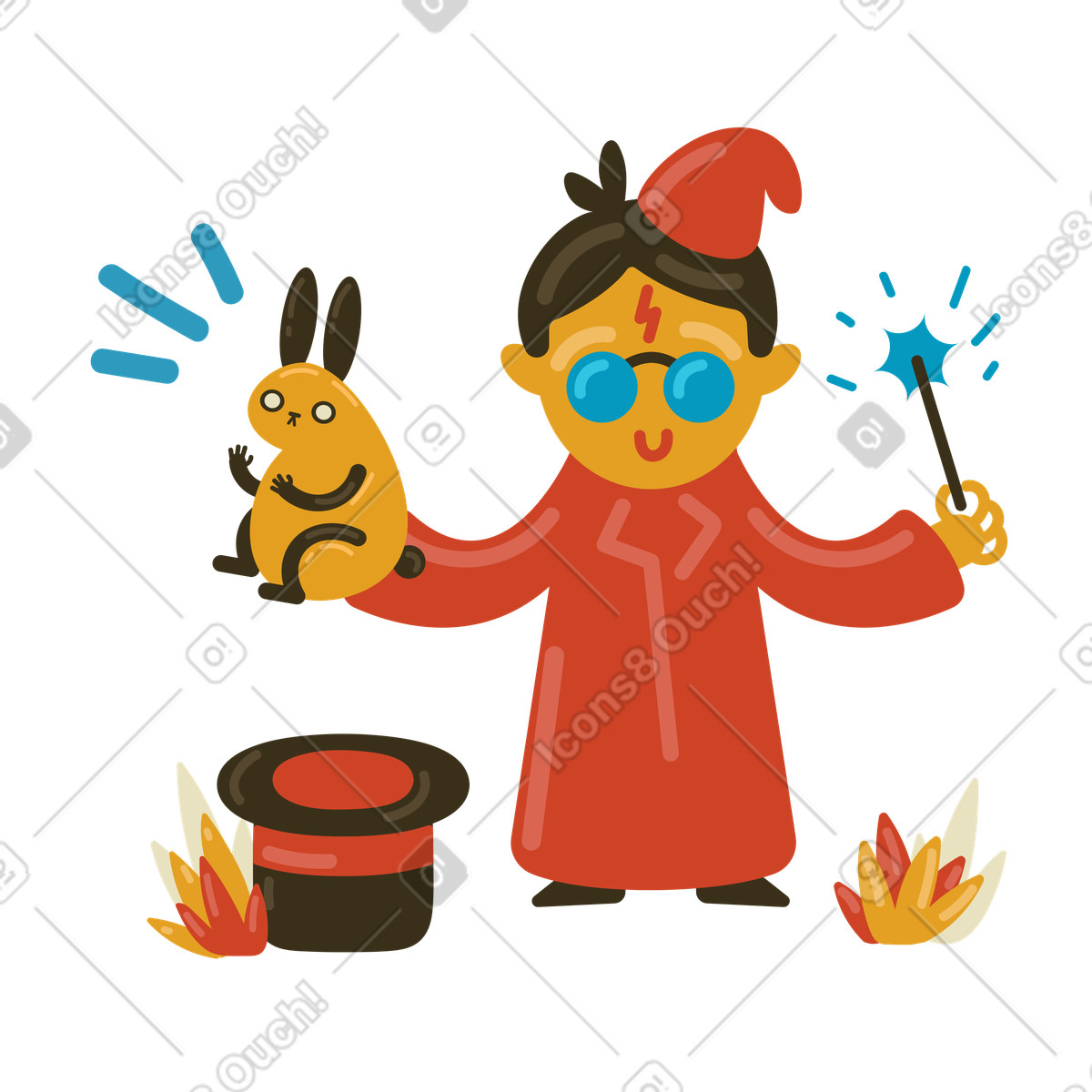 Boy in wizard costume performing magic trick with rabbit and hat illustration in PNG, SVG