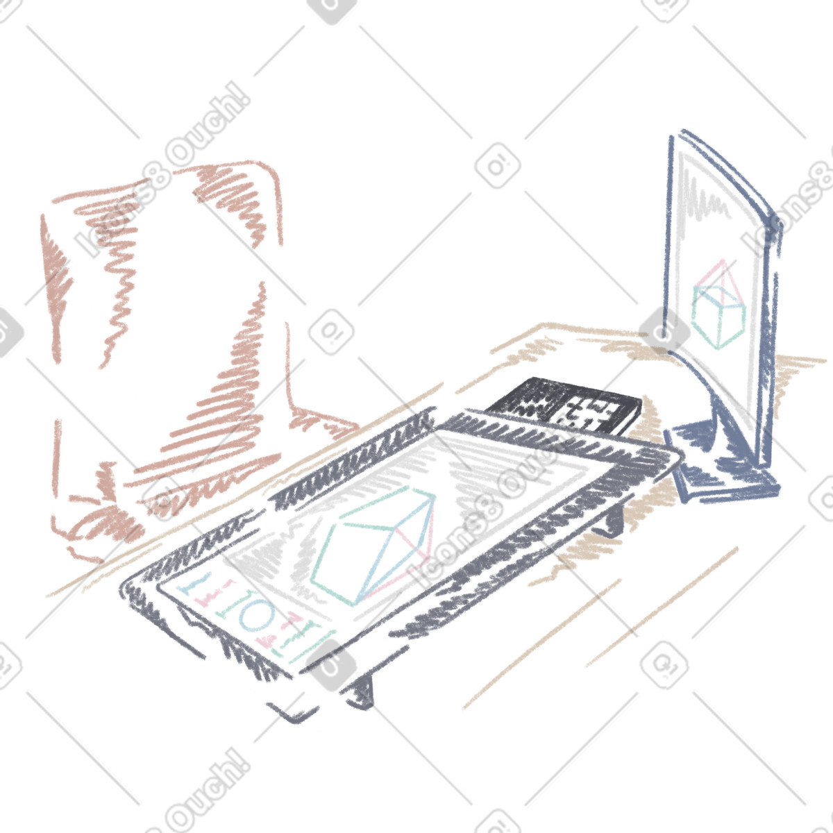 Designer's workplace graphic tablet with a monitor on the table-Illustration im Sketchbook-Stil als Download in PNG, SVG
