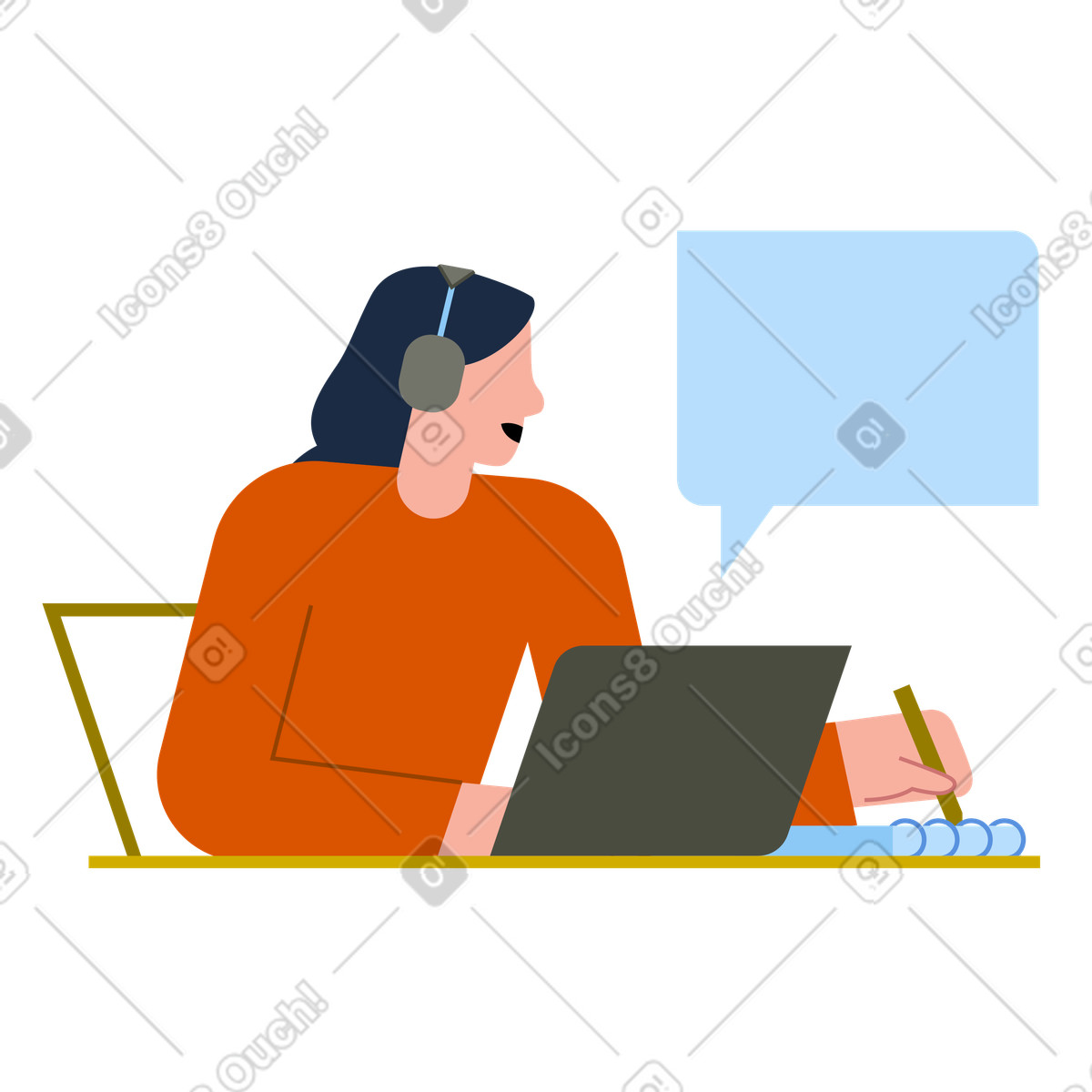 Illustration Employé avec casque audio discutant sur son ordinateur portable, communication en télétravail dans le style Vector à télécharger aux formats PNG, SVG