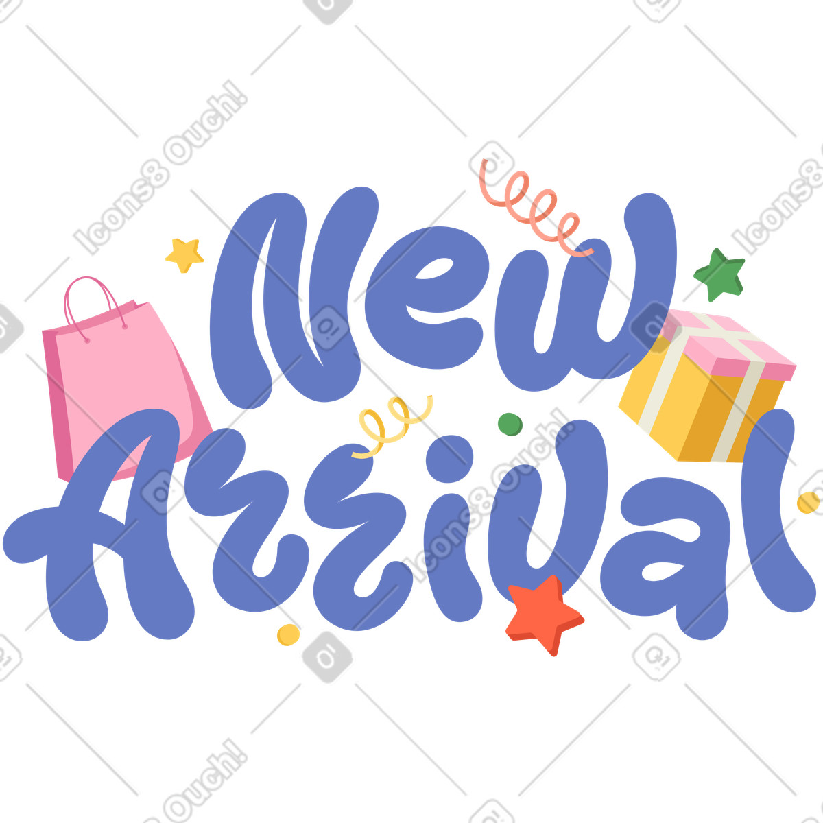 Ilustración Letras de nueva llegada con texto bolsa y cajas. en estilo Social a descargar en PNG SVG