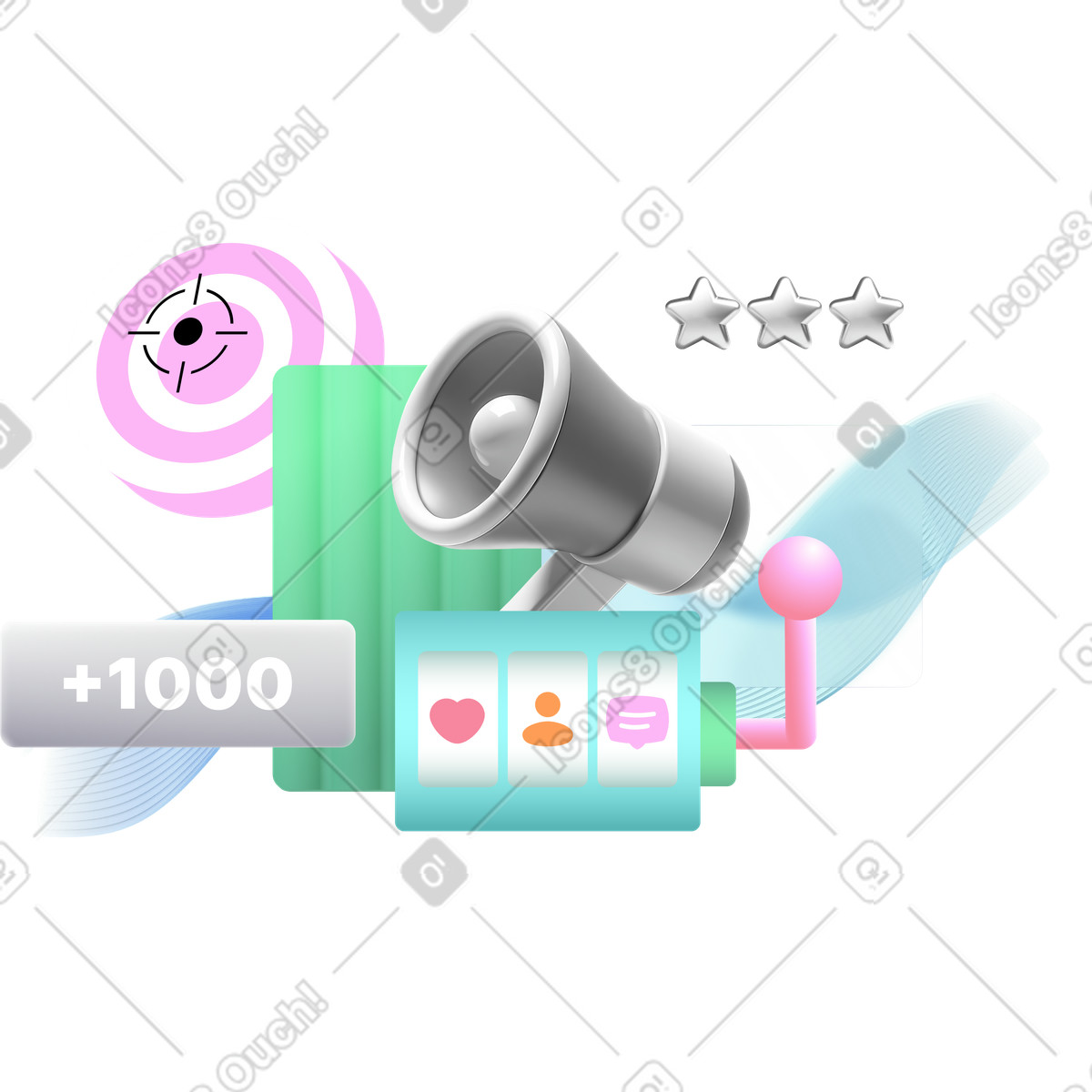 Illustration Smm avec publicité ciblée, notation et machine à sous dans le style Chromed télécharger aux formats PNG, SVG