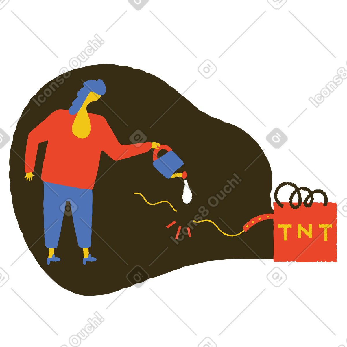 Person mit gießkanne löscht eine dynamitzünder-Illustration im Bermuda-Stil als Download in PNG, SVG