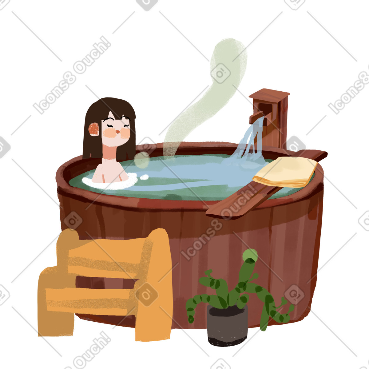 Una ragazza felice si concede trattamenti termali in botte di legno. illustrazione stile Ikigai scarica PNG, SVG