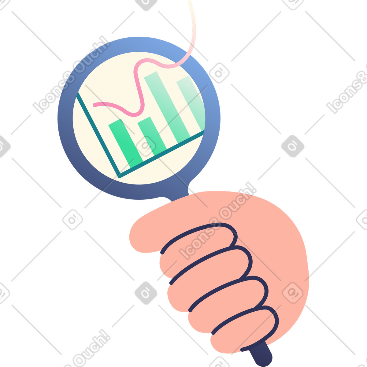Hand with magnifying glass and graph illustration in Beam style download in PNG, SVG