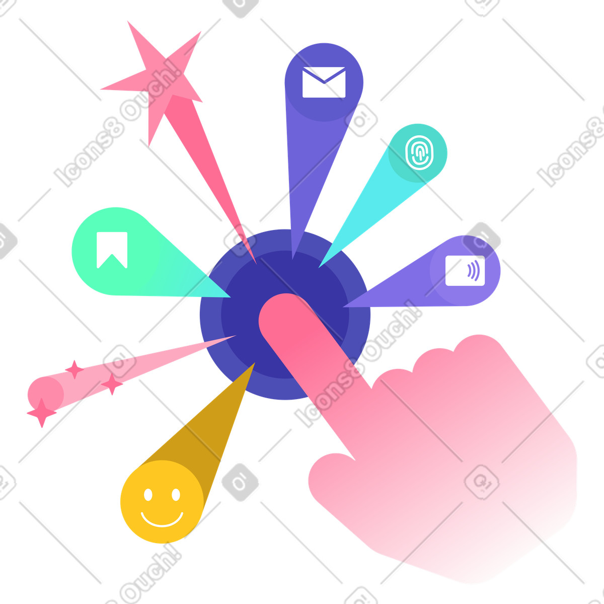 Colorful UI actions radiating from touchpoint, creative app menu design, modern user experience illustration in PNG, SVG