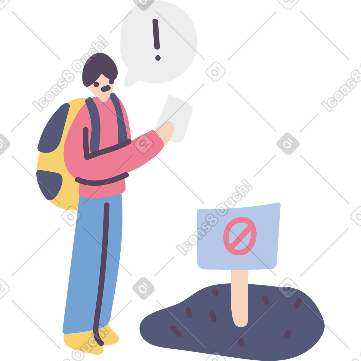 Traveler confused by restriction sign, Bad gateway or dead end illustrazione in stile Pluto scarica in PNG, SVG