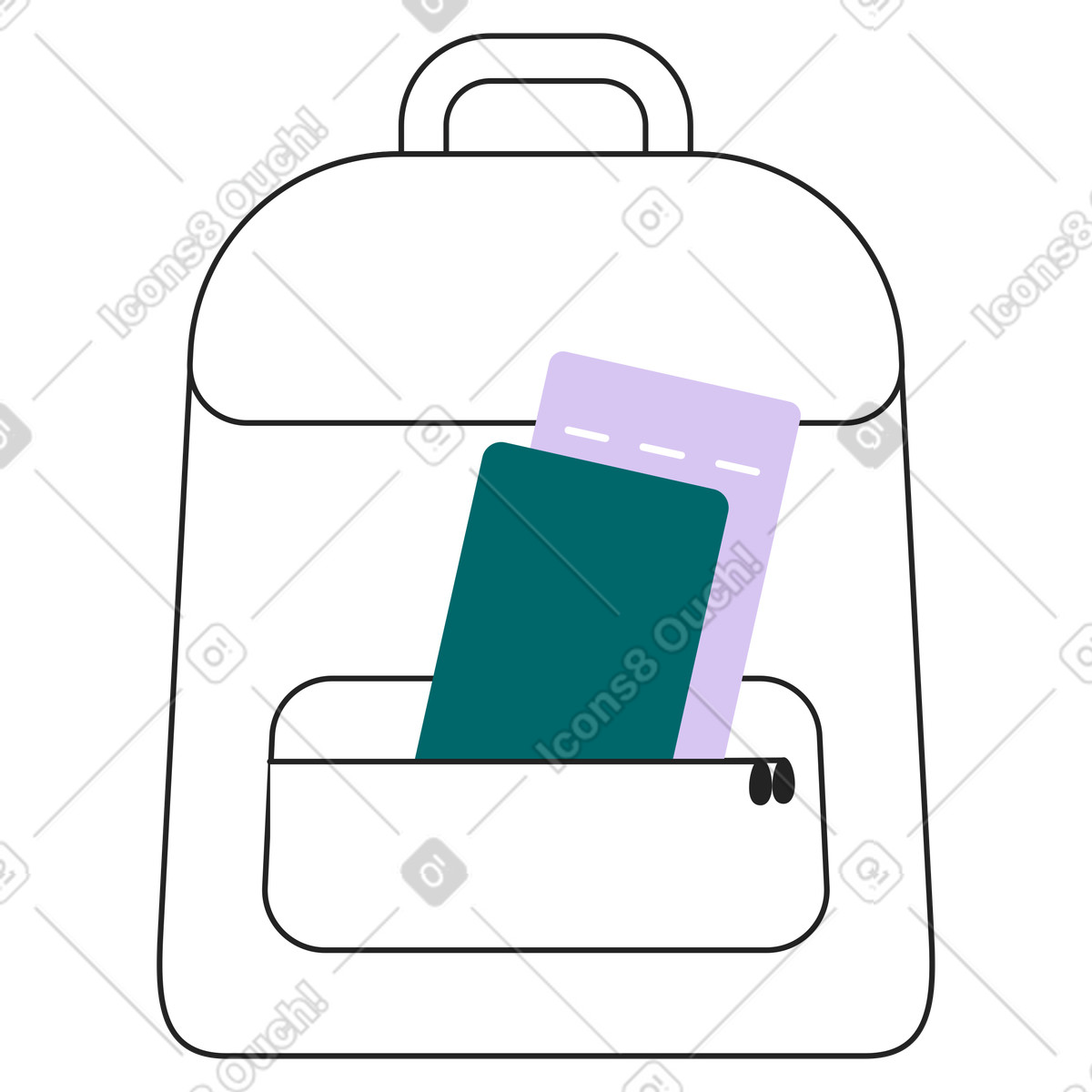 Reiserucksack mit reisepass und flugticket animierte Illustration im Sammy Line-Stil als Download in GIF, Lottie (JSON), AE