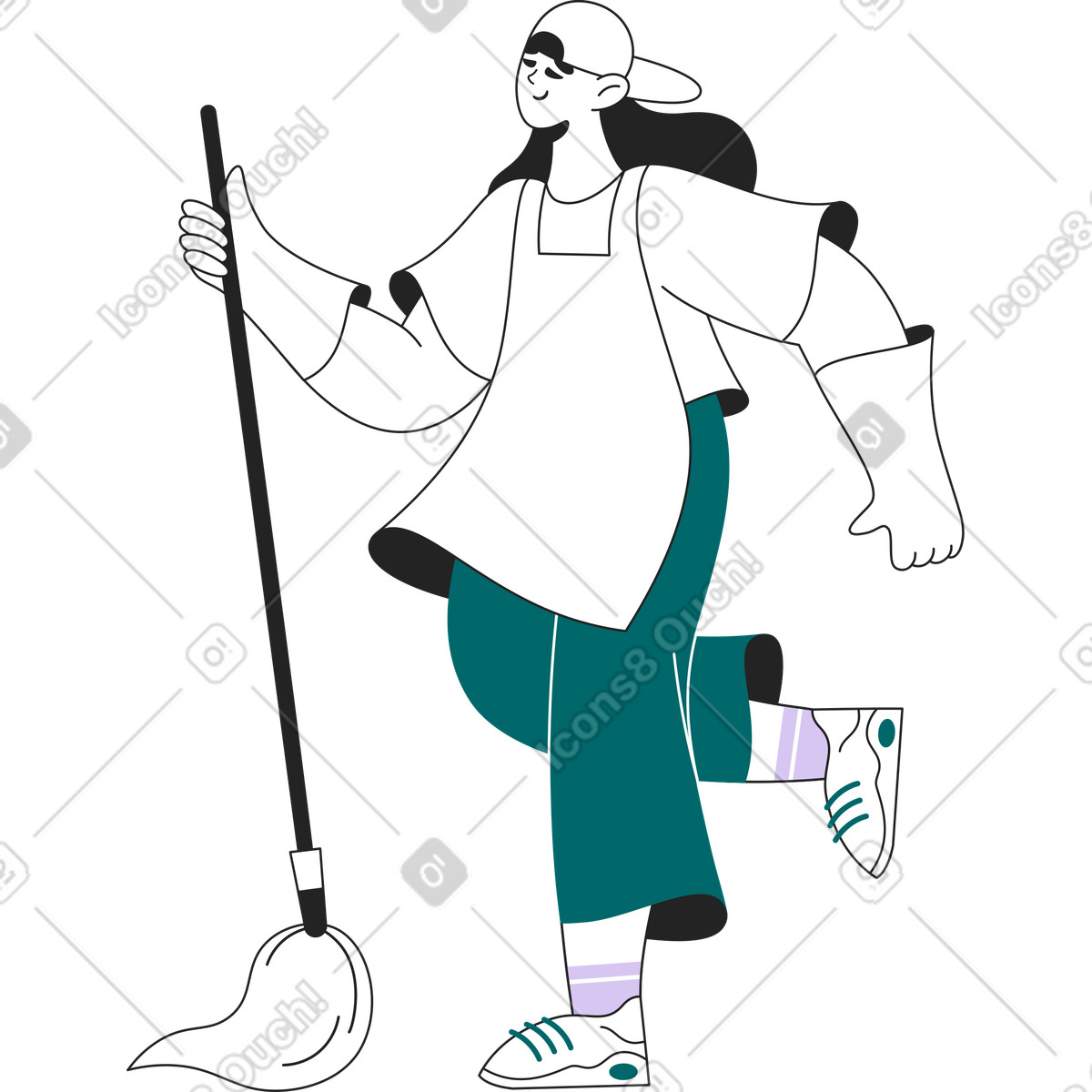 Woman with a broom in an apron and gloves illustration Sammy Line style download PNG, SVG