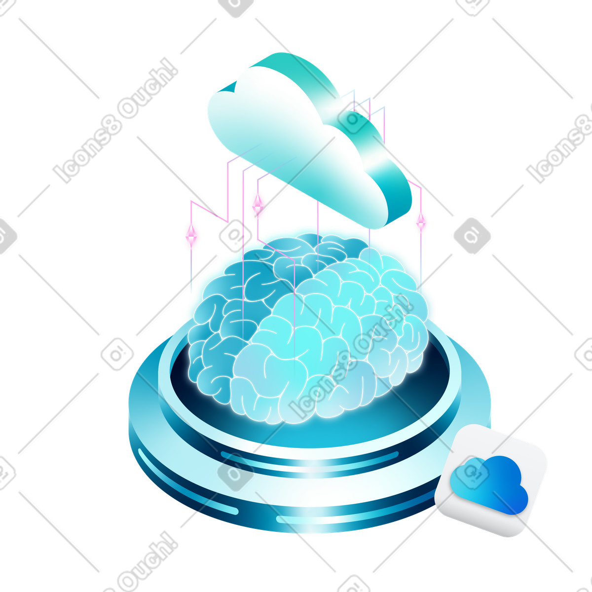 Digital brain synced to cloud icon, Intelligent cloud solutions and automation illustration in PNG, SVG