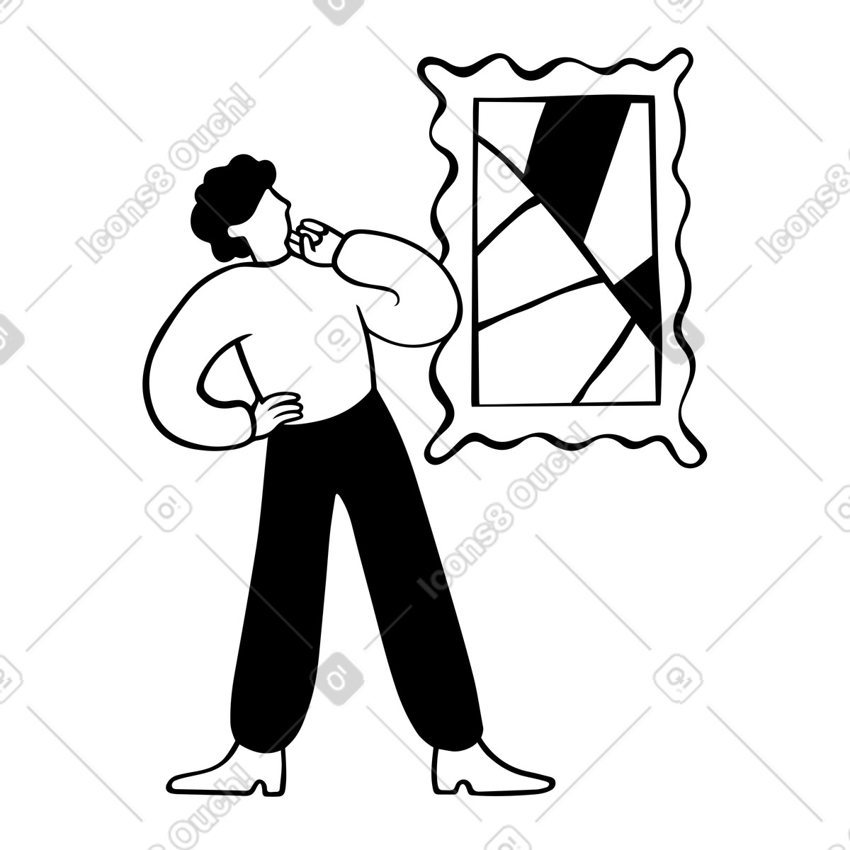 Ilustración Hombre pensativo admirando una pintura en galería de arte. estilo Journal a descargar PNG y SVG