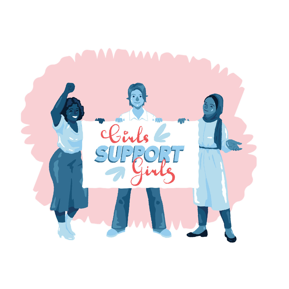 Ilustración Diverse group holding girls support banner, female empowerment and solidarity en estilo Cherry a descargar en PNG y SVG