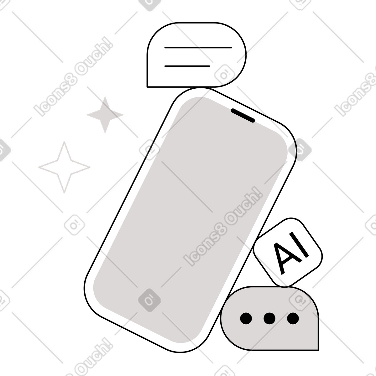 Mobile phone with AI and chat bubbles, AI-powered communication tools-Illustration im Shade-Stil als Download in PNG, SVG