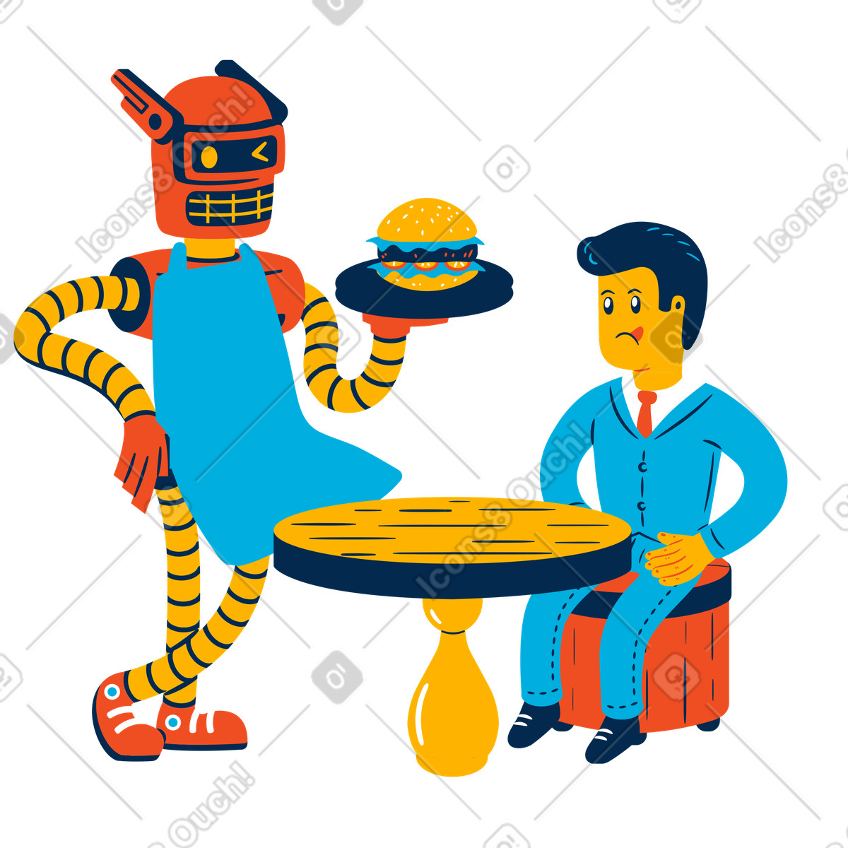 Illustration Un robot serveur apporte de la nourriture à homme dans le style Flame télécharger aux formats PNG, SVG