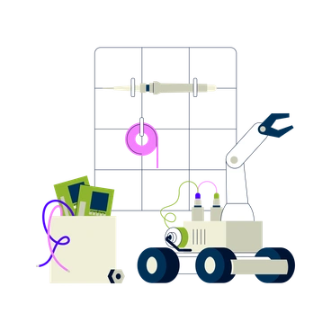 A robot with wheels next to a box - Cubes style illustration