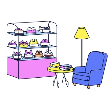 A small cake shop with a warm and inviting atmosphere. The shop features a display case filled with various cakes topped with colorful frosting and decorations. To one side, there is a cozy reading nook with a comfortable armchair and a small table. On the table, there is a stack of books next to a slice of cake on a plate. A soft lamp casts a gentle light over the reading area, creating an inviting spot for customers to enjoy their books and cakes.