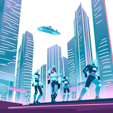 A vibrant futuristic cityscape filled with towering skyscrapers made of glass and steel. The buildings are sleek and reflective, showcasing advanced architecture. Robots of various designs and sizes move between the skyscrapers on the bustling streets below. Some robots are humanoid, while others have unique mechanical forms, exhibiting a blend of metallic colors. Neon lights illuminate the scene, casting colorful glows on the pavement. In the background, a flying vehicle zips past, adding to the high-tech atmosphere of the city.