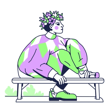 An arlequin is sitting on a wooden bench, their colorful costume featuring diamond patterns in green and purple. They have an elaborate and delicate flower crown resting on their head, with various small blooms intricately woven together. The arlequin's face is pensive, their eyes staring into the distance, lost in deep thought. Their hands rest on their knees, and soft light casts gentle shadows on the ground beside them. In the background, a few blurred trees can be seen, suggesting a serene outdoor setting.