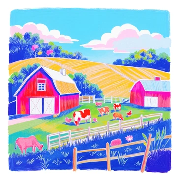 A peaceful farm scene is depicted with two large red barns prominently in the foreground. One barn has white doors slightly ajar, revealing some hay. In the nearby pasture, a group of cows graze lazily on the green grass. A few chickens are pecking at the ground nearby. Rows of vibrant green crops stretch out in the background, interspersed with golden fields of wheat. The sky is clear and blue, with a few fluffy white clouds drifting. A wooden fence runs along the edge of the field, completing the idyllic farm setting.