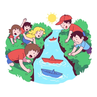 A group of children are anxiously watching their colorful paper toy boats as they race down a narrow stream. The stream is lined with lush green grass and small pebbles. Each child has a distinct expression of excitement and determination. One child wears a bright red cap, while another has a blue t-shirt and is bending down to splash water playfully. The boats, crafted from different shades of paper, bob along the gentle current. Sunlight sparkles on the water's surface, creating a lively atmosphere around the children's joyful activity.