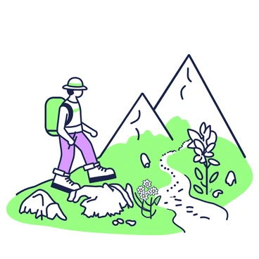 A hiker is standing on a mountain trail, looking down at a patch of edelweiss flowers. The hiker is wearing a green backpack and a sun hat, with sturdy boots designed for hiking. The trail curves around a rocky outcrop, with patches of grass and small stones visible on the ground. In the background, there are towering mountain peaks, showcasing a rugged landscape. The edelweiss flowers, with their distinct star-like shape, are blooming vibrantly in the foreground, surrounded by a few green leaves. The sky above is clear, suggesting a bright and sunny day.