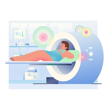 A patient with short brown hair is lying on a narrow examination table, positioned inside an MRI machine. The patient is wearing a hospital gown and has a calm expression on their face. The MRI machine is large and cylindrical, with a white exterior. Surrounding the machine are dynamic graphical depictions of magnetic fields represented by colorful waves and lines, showing the flow of energy around the device. The room is well-lit with soft blue walls, and there are medical equipment and monitors visible in the background.